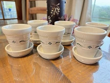 Six Longaberger Ceramic Flower Pots With Saucers Woven Heritage Green, 3 Inches