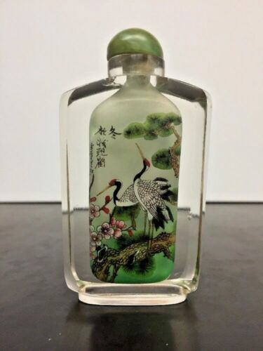 Alte chinesische umgekehrte Glasmalerei Schnupftabakflasche grüner Steindeckel mit Signatur - Bild 2 von 11