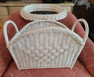 Vintage 17” White Wicker Large Magazine Rack Holder Basket MCM PLUS Mirror Nice! - Image 1 of 4
