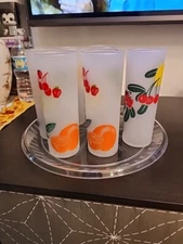 Vintage Set Of 6 Federal Frosted Glass Tom Collins Tumbler Summer Fruit  