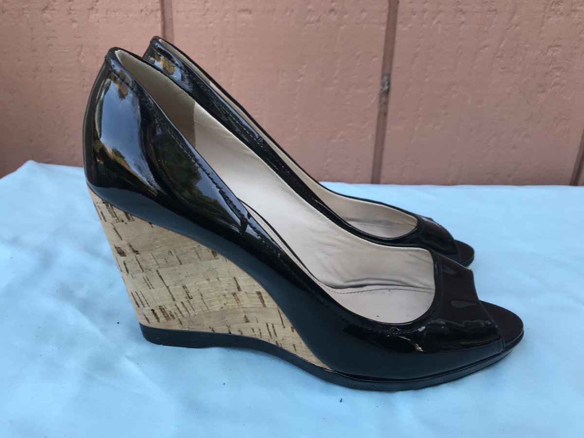 ピープ EUC! Prada 38.5 US 8.5 Black Leather Peep Toe Cork Platform Wedge