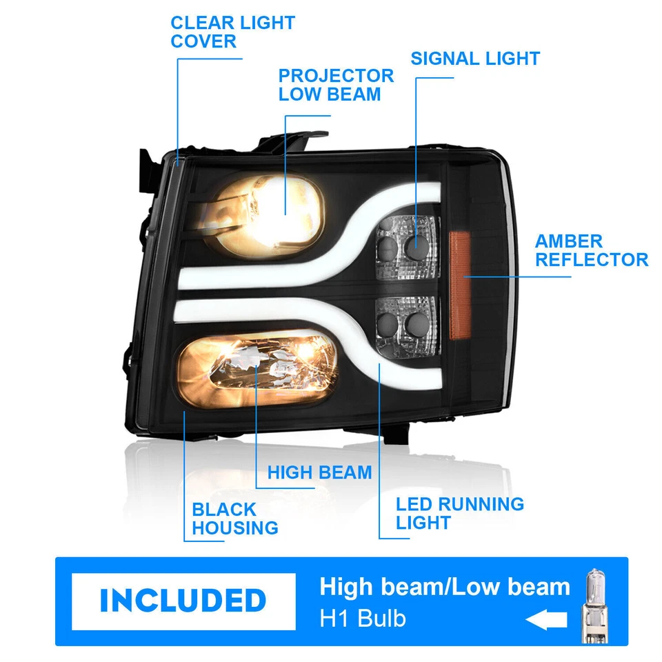 For 2007-2013 Chevy Silverado 1500 2500 3500 LED Headlights Projector Black - Image 3 of 4