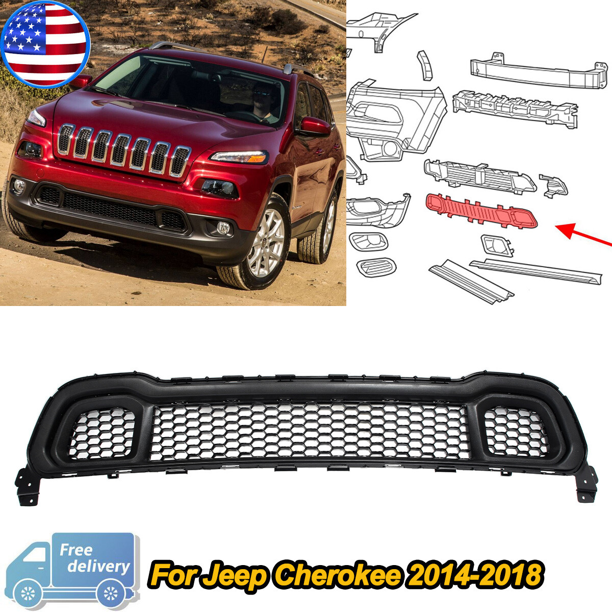 Honeycomb Style Front Lower Cover Grille+Molding Trim For Jeep Cherokee 2014-18
