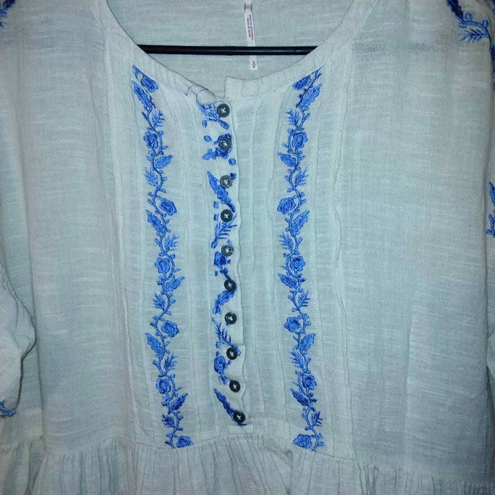 OFF WHITE Mini abito Free People bianco sporco e blu ricamato Santiago Boho S