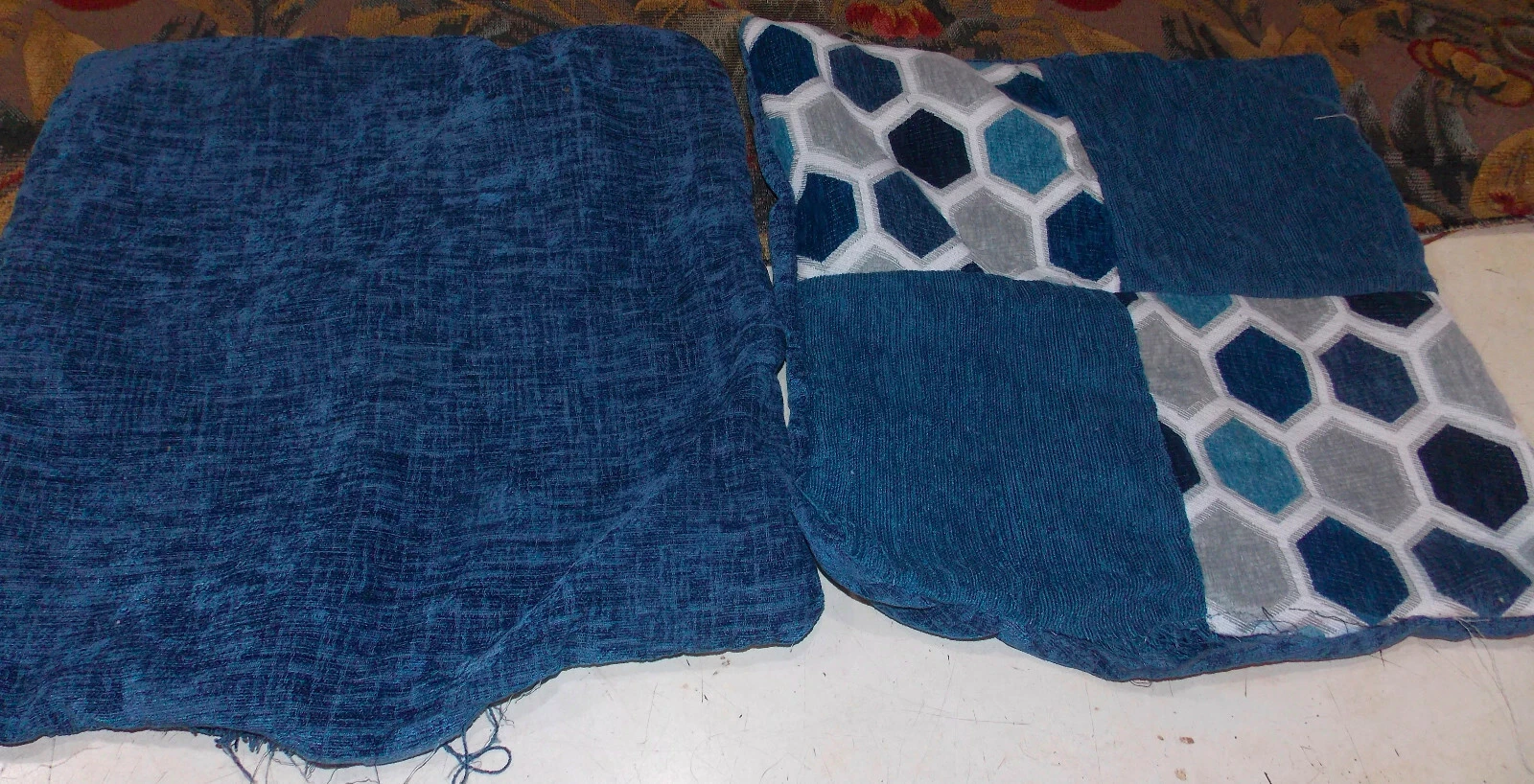 Pair of Blue Tan Print Decorative Print Throw Pillows 18 x 18