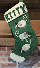 Vintage Wool and Felt KITTY Christmas Stocking 3 Mice Claws Hand Sewn Folk Art