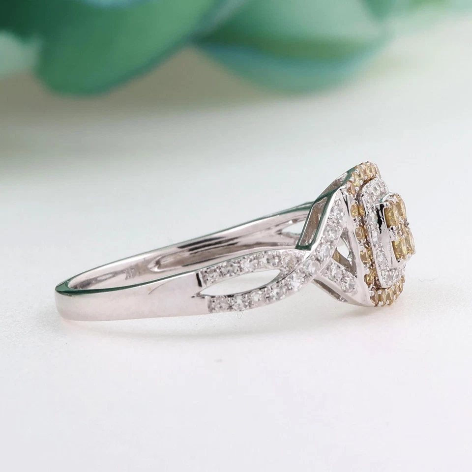 EFFY 14K White Gold Yellow and White Diamond Square Halo Ring 0.37 TW Size 7 - Image 3 of 4