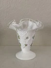 Fenton Milk Glass Violets In The Snow Spanish Lace Silver Crest Ruffled Vase 4"