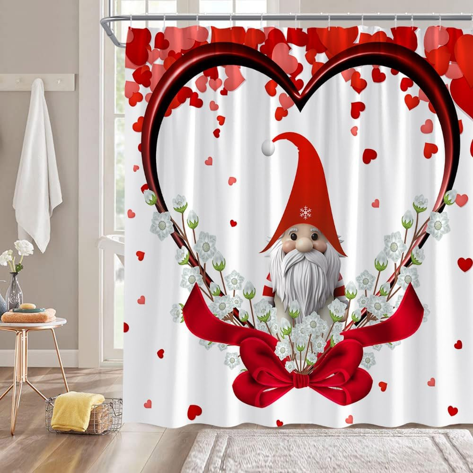 Valentine'S Day Gnome Shower Curtain Red Heart Cute Gnome Romantic Love