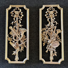Vintage Pair Syroco Wall Hanging Plaques Gold Musical Instrument MCM 14x6"