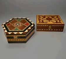 Marquetry Wood Inlay Hinged Boxes 2 Hexagon Made In Spain Rectangle Unmarked 