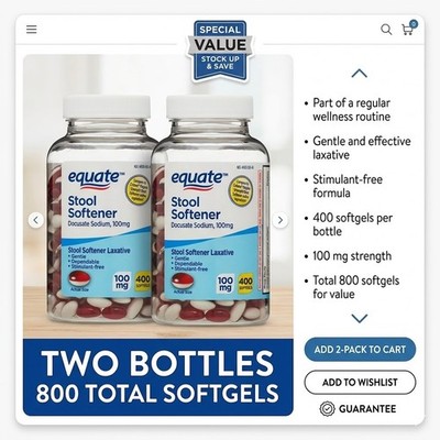 Equate Stool Softener Laxative Softgels for Constipation, 100 mg, 400 Count 2PK