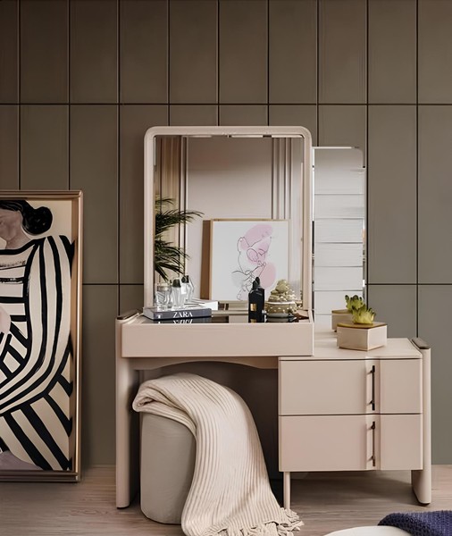 Beiger Designer Schminktisch Schlafzimmer Spiegel Exklusiver 2Tlg Set-image