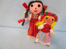 2 Vintage HANDCRAFTED DOLLS 10” & 8” fabric primitive rag stuffed pair lot