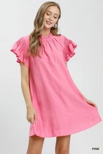 Umgee Ruffle Flutter Sleeve Dress - Pink - Large