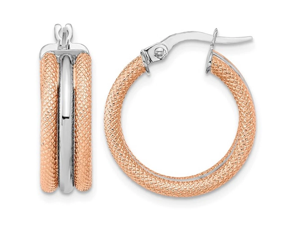 14K Rose and White Gold Textured Hoop Earrings 4/5 Inch (6.25 mm)