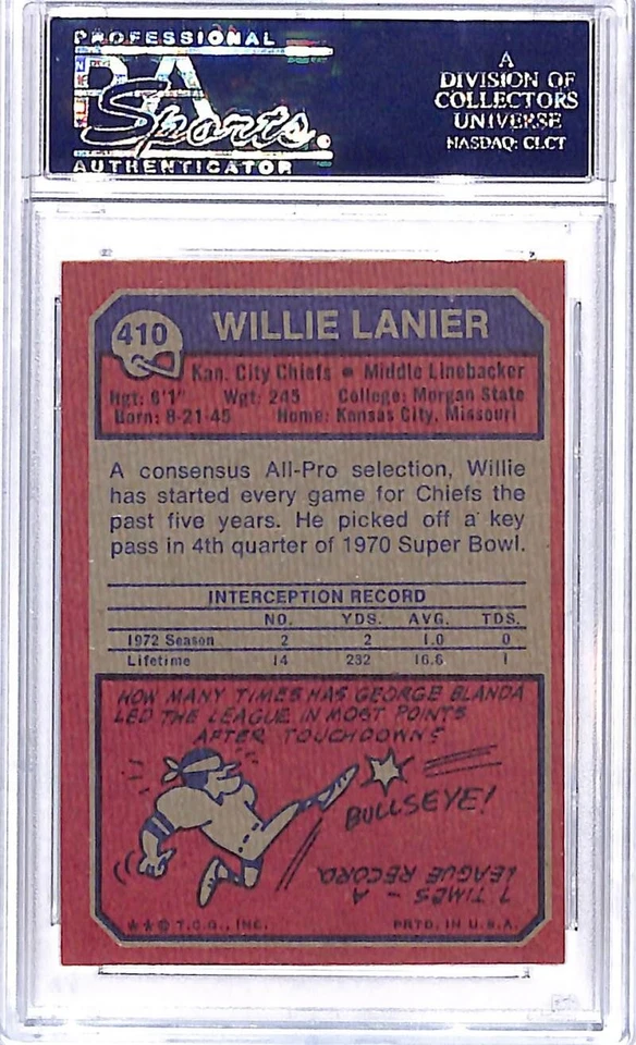 1973 Topps #410 Willie Lanier Kansas City Chiefs Football Card PSA 9 MINT 45537 - Image 2 of 2