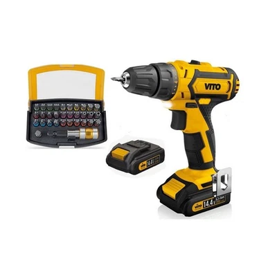 Perceuse Visseuse 14.4V + 2 batteries Lithium 2Ah VITO + Coffret 32 Embouts + Ch - Photo 1/4