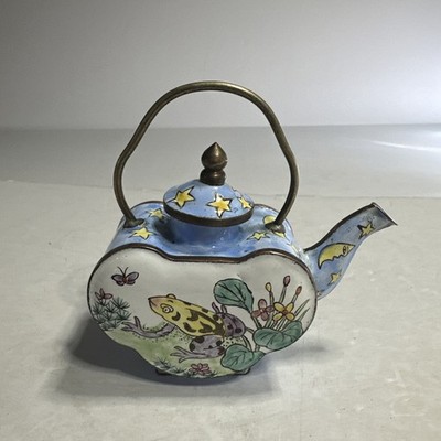 Vintage Empress Arts Enameled Brass Miniature Teapot Sun Moon Stars 1998