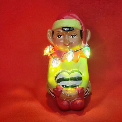Knee Hugger Pixie Elf Lighted Wreath Ceramic Ornament Figurine
