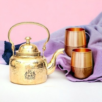1 Brass Tea Pot with 2 Copper Dholak shape Glass Set