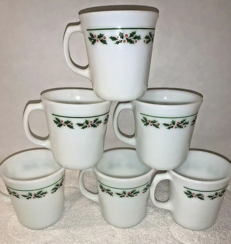(6) vtg Corning Pyrex Corelle HOLLY DAYS Mugs Cups Christmas Milk Glass EUC!