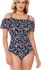 Swim Solutions Floral Off Shoulder Tummy Control Swimsuit Ditsy Navy Size 8