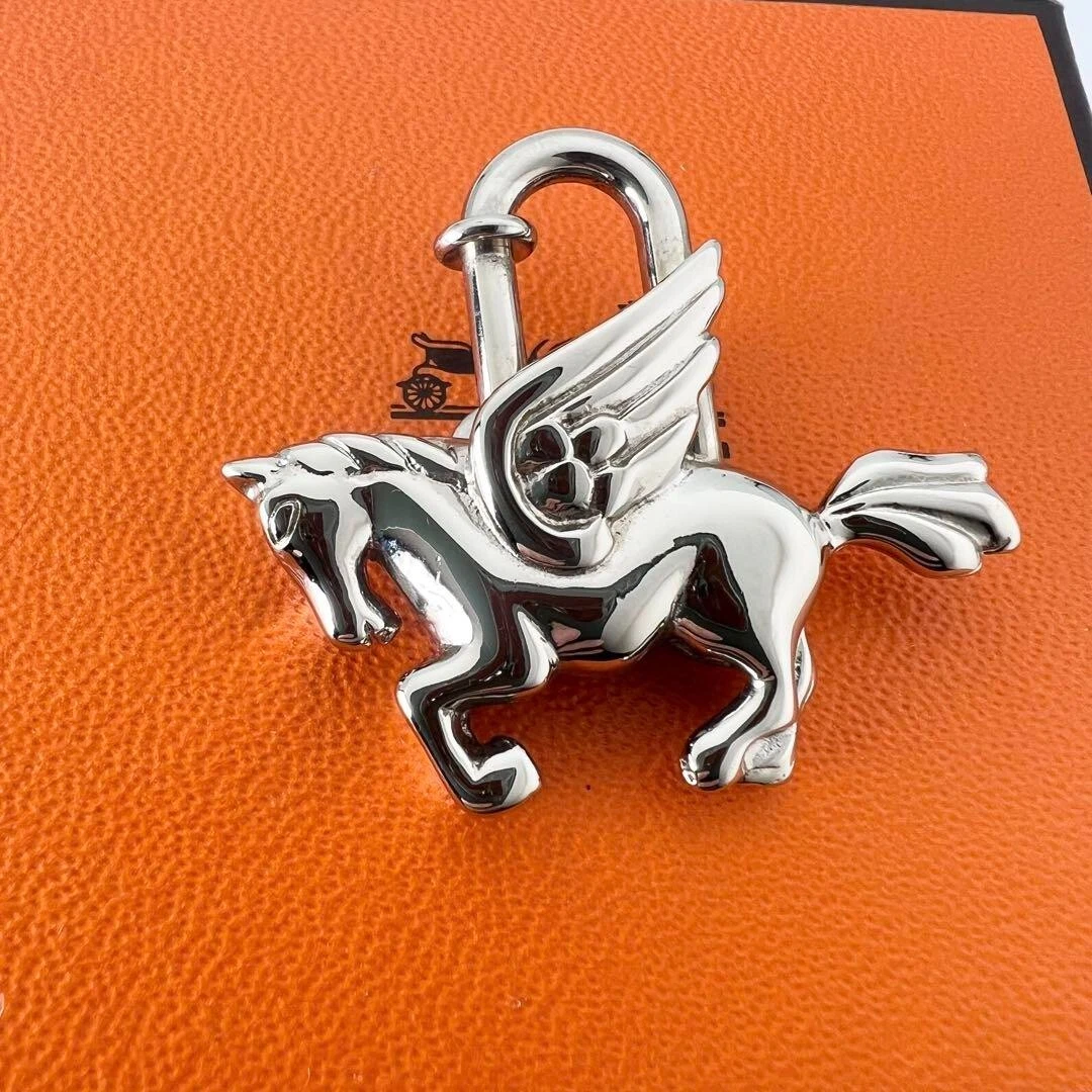 Authentic HERMES Pegasus Motif Cadena Lock Bag Charm Silver Brass #1090316