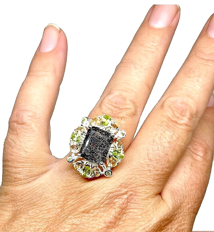 Anillo de cuarzo de rutilo de titanio | Plata de ley maciza | Anillo de cóctel talla 8 Foto 4 de 4