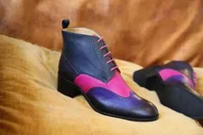 Handmade Women Blue & Pink Leather Wing Tip Brogue Lace Up Dress Boots