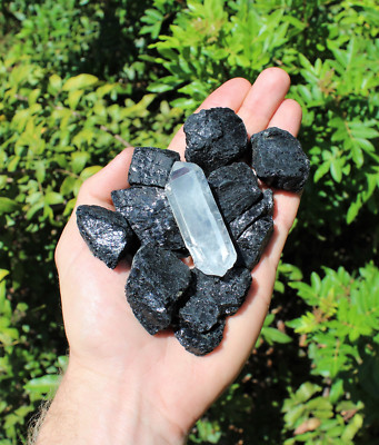#ad 1 4 lb Black Tourmaline Raw Rough Stones LARGE Clear Quartz Crystal Point 4 oz $8.95