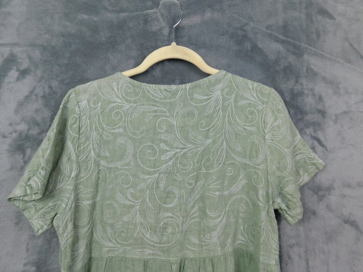 Terzo Millennio Womens Dress Sz Medium Linen Embroidered Tan Short Sleeve