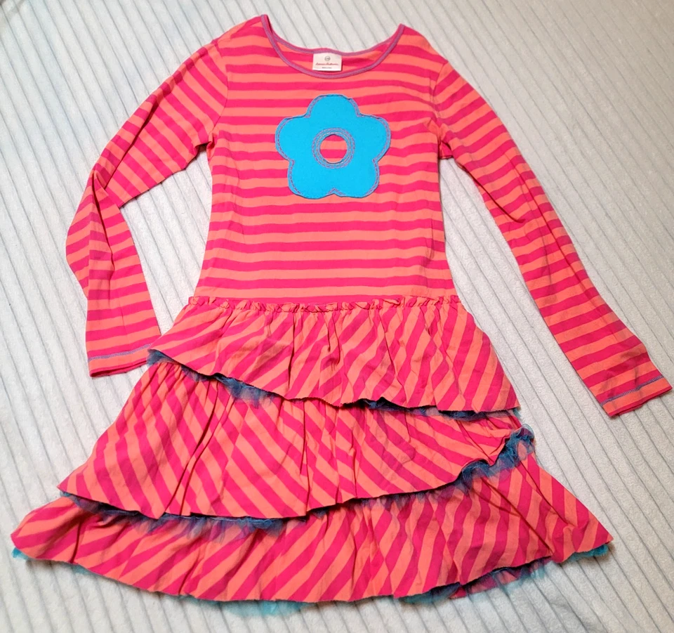 Hanna Andersson девочек розовый синий тюль в полоску оборки ярусный цветок платье sz 12 - Изображение 2 из 4