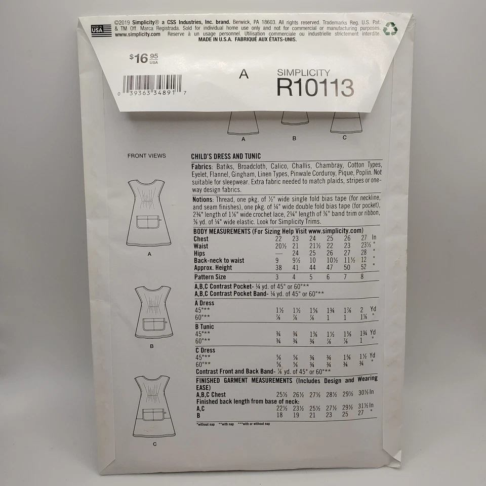 Simplicity R10113 Child's Dress Tunic Size A 3-8 Sewing Pattern Uncut 2019 - NEW - Image 2 of 2