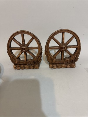Syroco Wood Bookends, Wagon Wheels, Brown Book Holder Western Cowboy Decor Cabin
