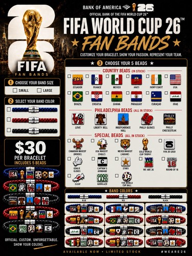 FIFA World Cup 2026 Bank of America fan fest Philadelphia customizable bracelet