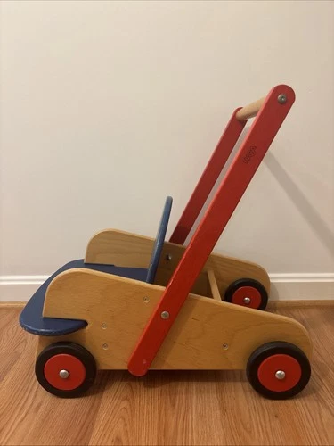 HABA Walker Wagon - Wooden Baby Push Walker, Sit to Stand Baby Learn to Walk