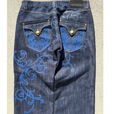 Imperious Baggy Jeans 36x34 Blue Scroll Graphic Y2K Wide Leg Indigo Raw Denim
