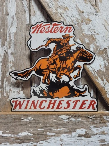VINTAGE WINCHESTER PORCELAIN SIGN OLD WESTERN RODEO FIREARM GUN AMMUNITION AMMO
