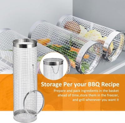 304 Stainless Steel Rolling Grill Basket for Vegetables Meat BBQ Camping