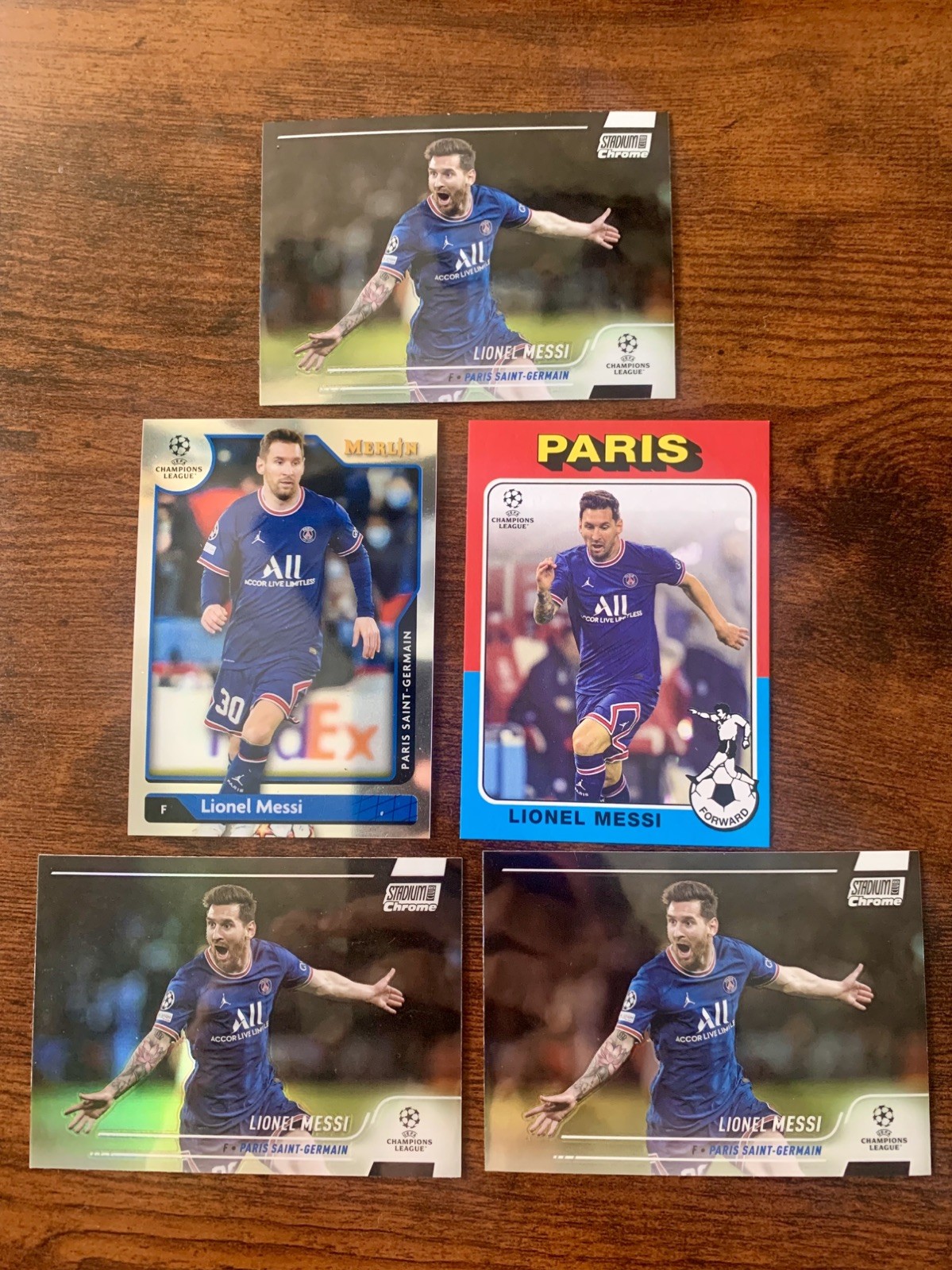 2021/2022 Topps/Merlin UCL Lionel Messi 5-Card Lot PSG Refractor/inserts
