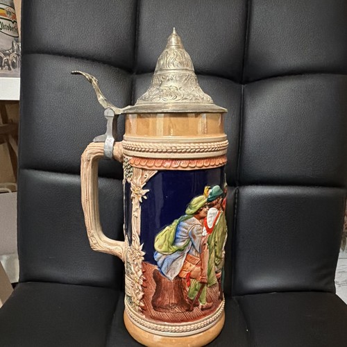 Gerz Germany Lidded Beer Stein Pewter Lid Blue Band Tavern Relief Scene