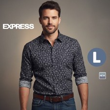 New Express Extra Slim Fit men's stretch cotton floral button-up Shirt - LARGE