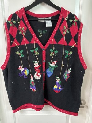 Vintage Christmas Sweater Vest Plus Size 22/24 Cardigan Embroidered Pixie Elves