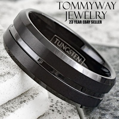 Tungsten Carbide Men's Black Center Channel Stripe Comfort Fit Wedding Band Ring