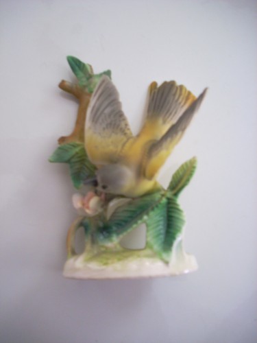 VTG Japan Ceramic Yellow Grey Bird Finch Perched on Branch Handpainted by Tilso