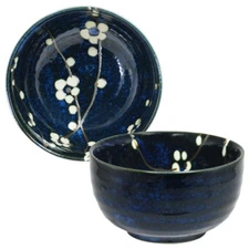 SET of 2 Japanese 5"D Rice Soup Bowls Donburi Blue Cherry Blossom Made in Japan
