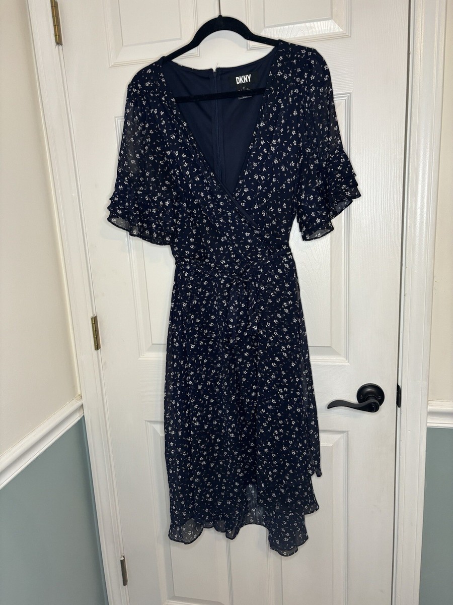 DKNY Chiffon Tie Waist Ruffle Sleeve Midi Dress Navy Blue