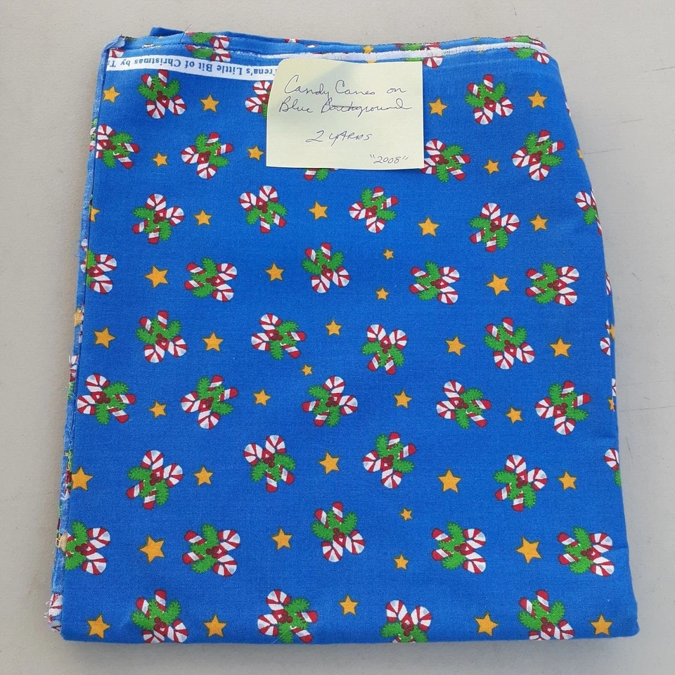 Sewing Fabric Christmas Tied Candy Canes Yellow Star Crafts Quilting 2 yds x 45" - Image 4 of 4