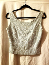 Vintage Beaded Sequined Top Shirt Made in Hong Kong early 70's Zip Back Blue